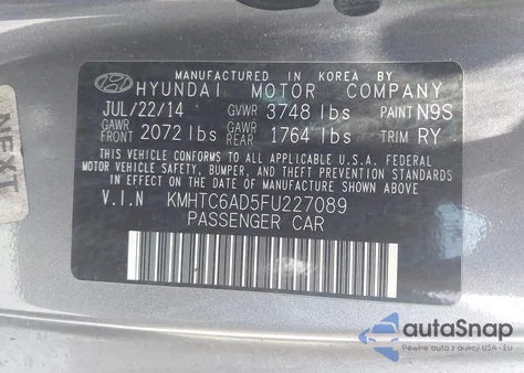 2015 Hyundai Veloster из США, поврежденный, VIN KMHTC6AD5FU227089